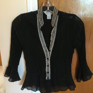 Allison Taylor Black Sheer Blouse with White Embroided Pattern